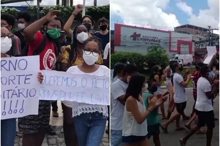  Sem transporte universitário, estudantes fazem manifestação no Centro de Camaçari