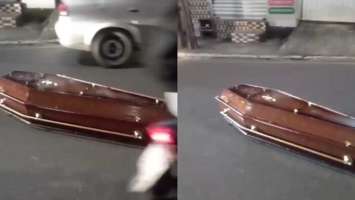  Vídeo: Caixão cai de carro de funerária, no meio da rua, em Camaçari